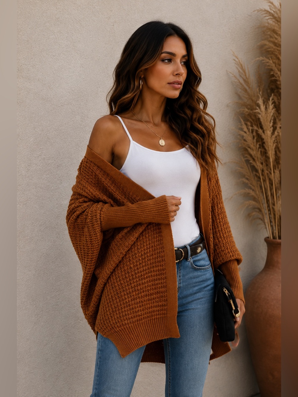 NWT - Caramel Women's Kimono Batwing Knitted Slouchy Oversized Cardigan Sweater - Picture 4 of 4
